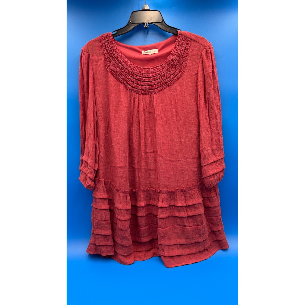 Indigo Soul Womens Rust Red Tiered Ruffle Gauze Tunic Top Crochet Neck Large